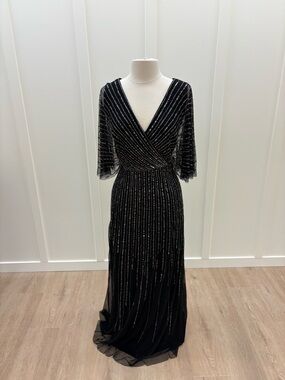 Adrianna Papell Black Beaded V‑Neck Maxi Dress